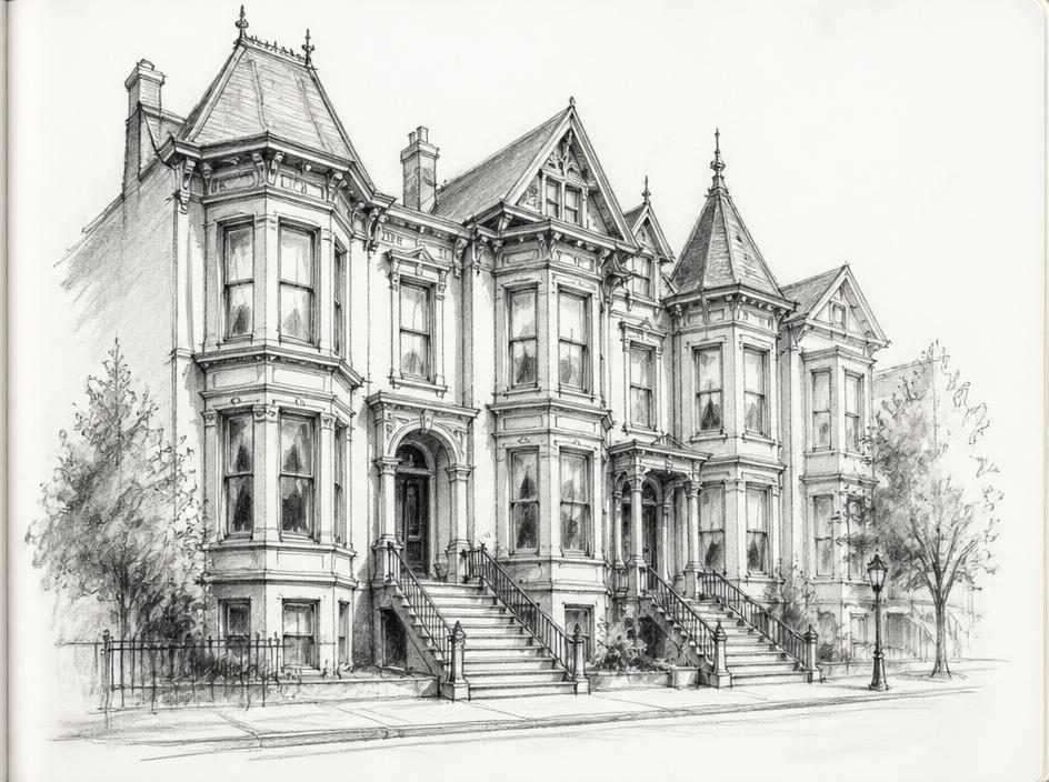 Hand-drawn charcoal sketch of Victorian townhouse cluster